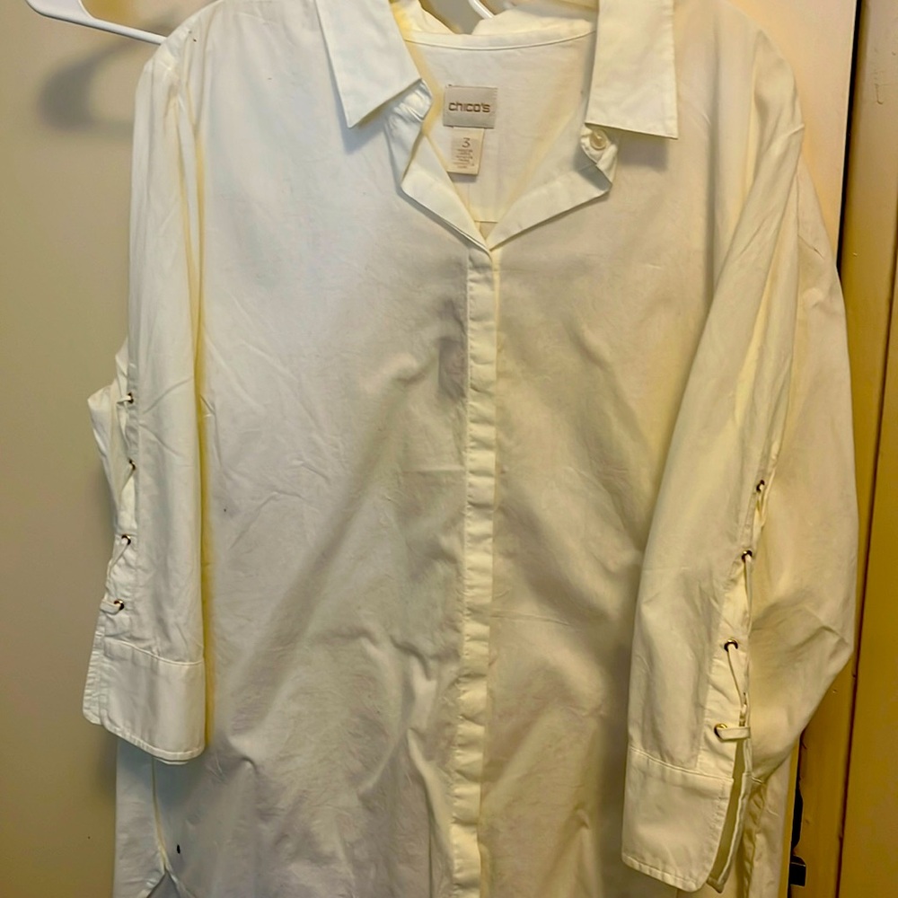 Pretty white, button-down cotton blouse with fancy sleeves